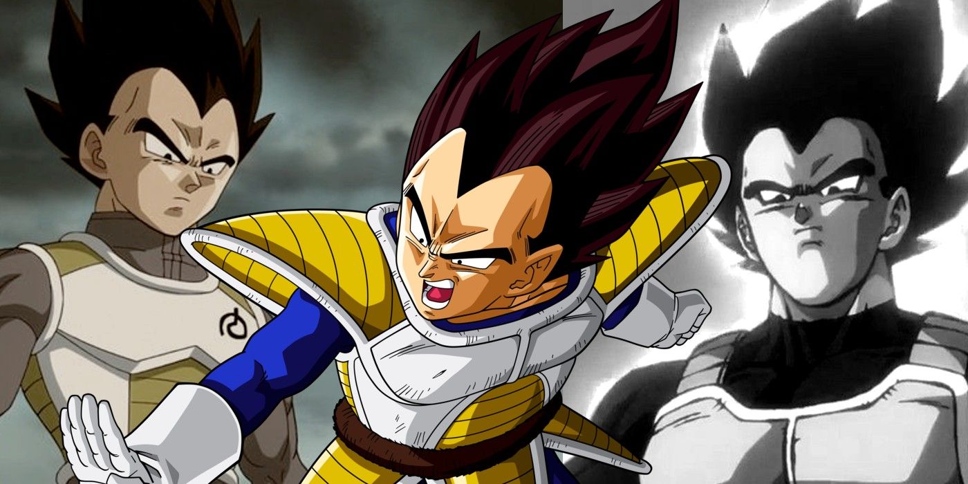 Composite image of Vegeta, centered and attacking while framed by two close-ups of his face