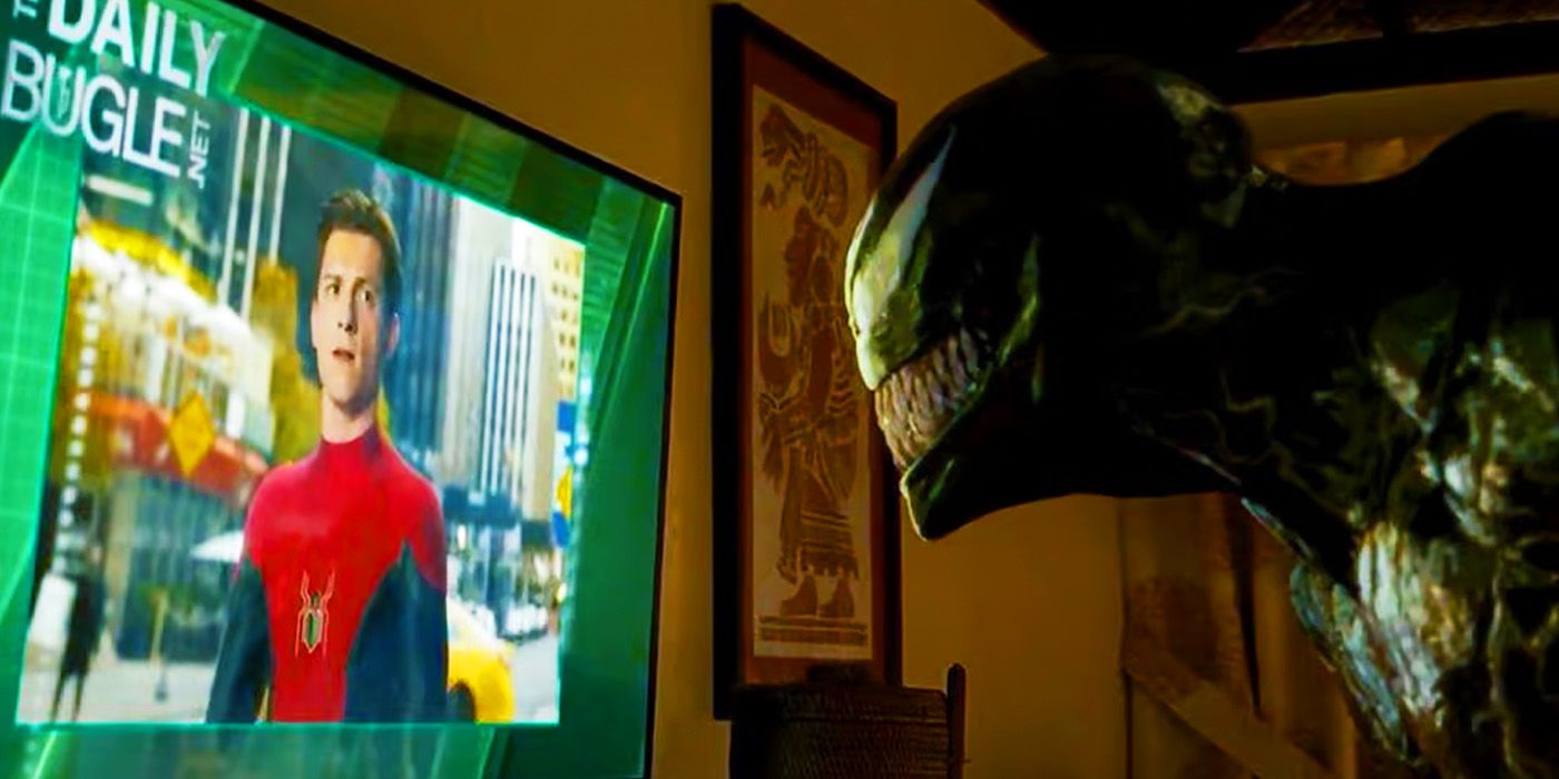 Venom vendo o Homem-Aranha na TV em Venom Let There Be Carnage