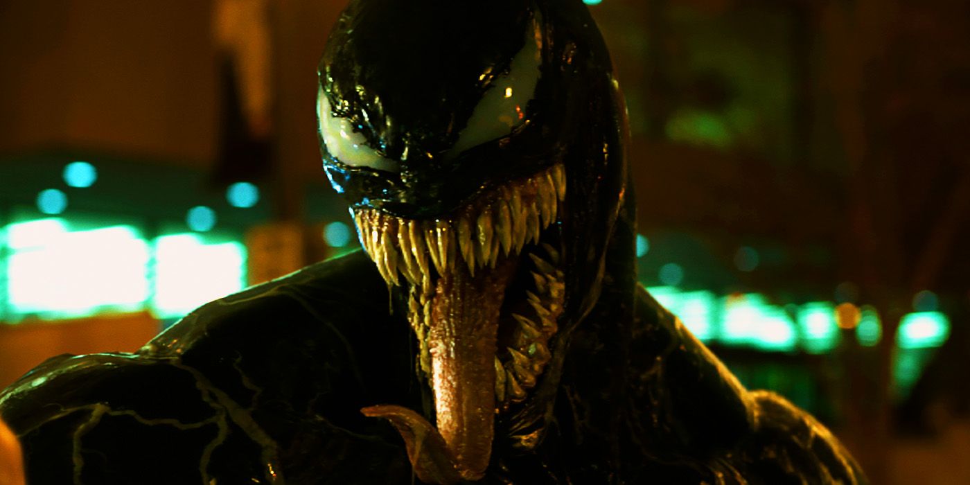 Venom showing his tongue in 2018's Venom
