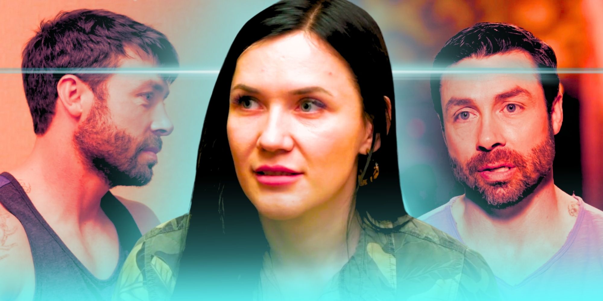 90 Day Fiancé's Varya Malina with geoffrey paschel in montage with varya in front and two images of geoffrey in the background