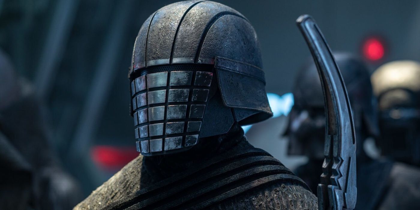 Vicrul from the Knights of Ren in Star Wars in his helmet