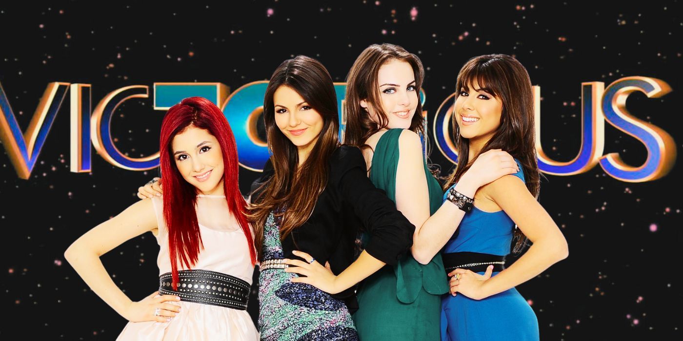 Ariana Grande, Victoria Justice, Liz Gillies, and Daniella Monet over the title card for the Nickelodeon series Victorious