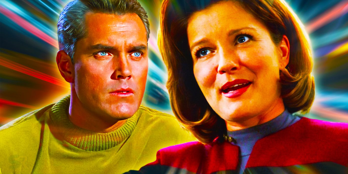 Collage of Jeffery Hunter as Captain Pike and Kate Mulgrew as Captain Janeway from Star Trek: TOS and Voyager respectively.