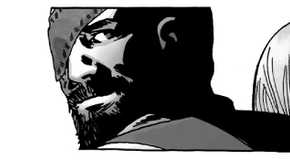 Walking Dead's carl, now an older man, looks back over his shoulder fondly.