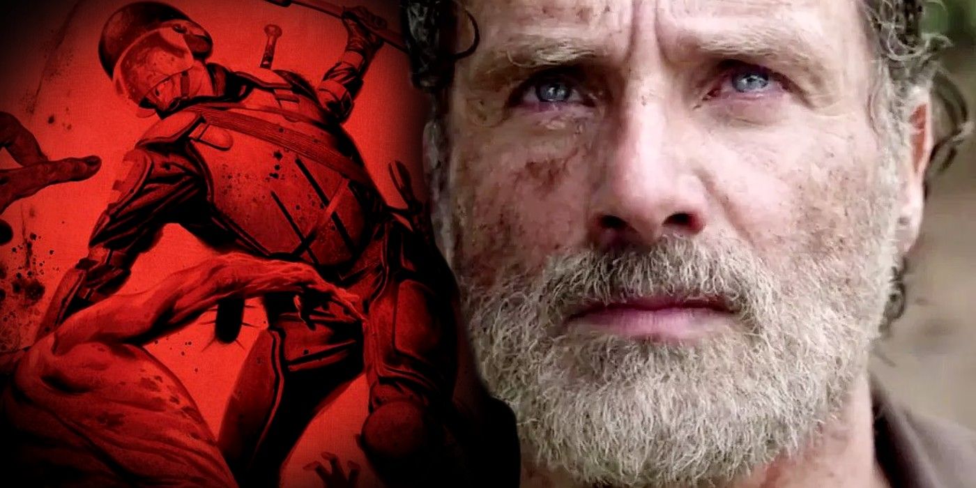 walking dead's rick looks heartbroken as someone dressed in swat gear kills a zombie with an axe