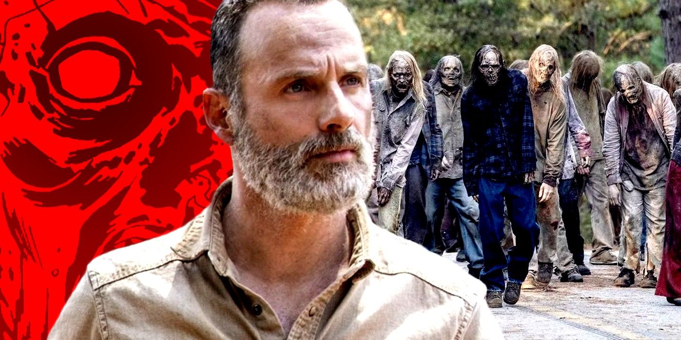 walking dead's rick with a close-up zombie eye behind him