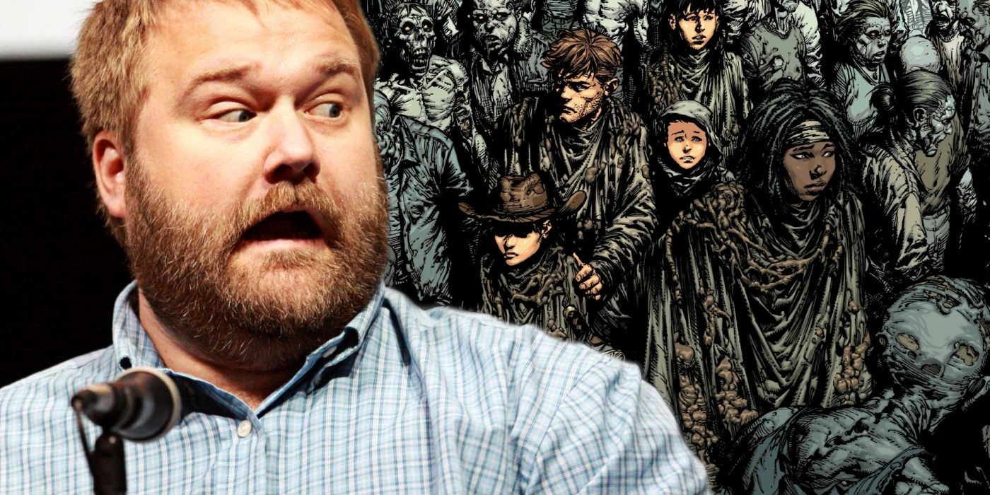 Robert Kirkman with the cover of The Walking Dead #83 behind him.