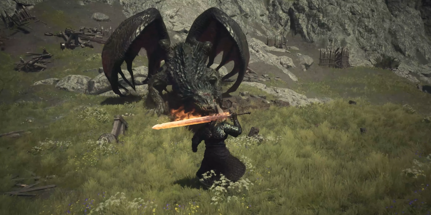 Guerreiro lutando contra um dragão em Dragon's Dogma 2.