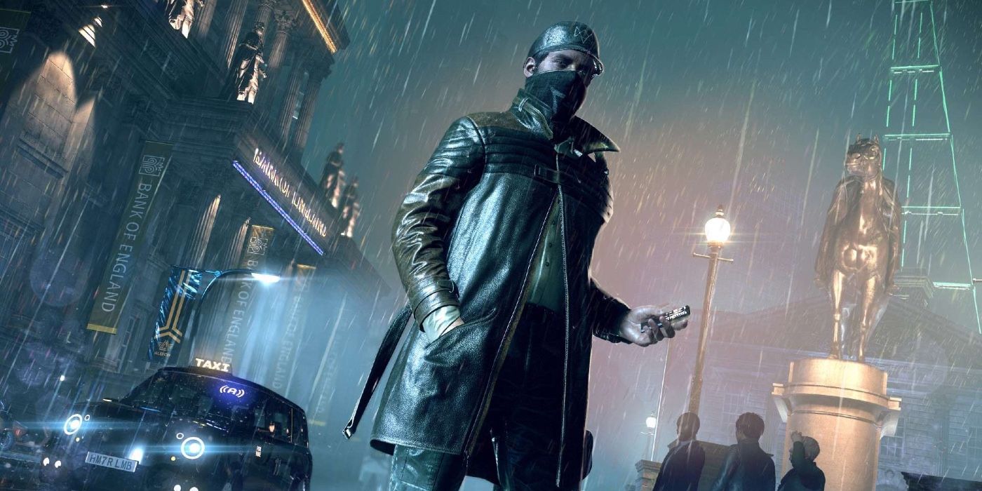 Aiden Pearce stands in the rain with his hacking phone in hand from Watch Dogs