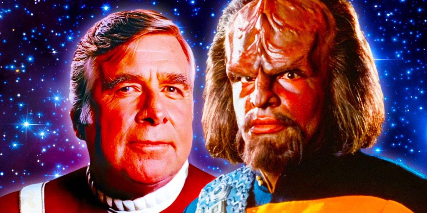 Gene Roddenberry in a Starfleet uniform and Michael Dorn as Worf