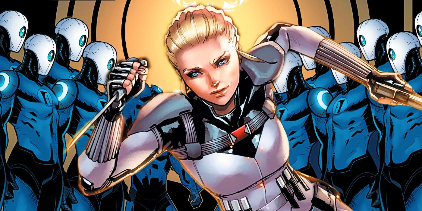 White Widow leaps toward the viewer, armed with a knife and pistol; behind her stand ranks of humanoid assassin robots.