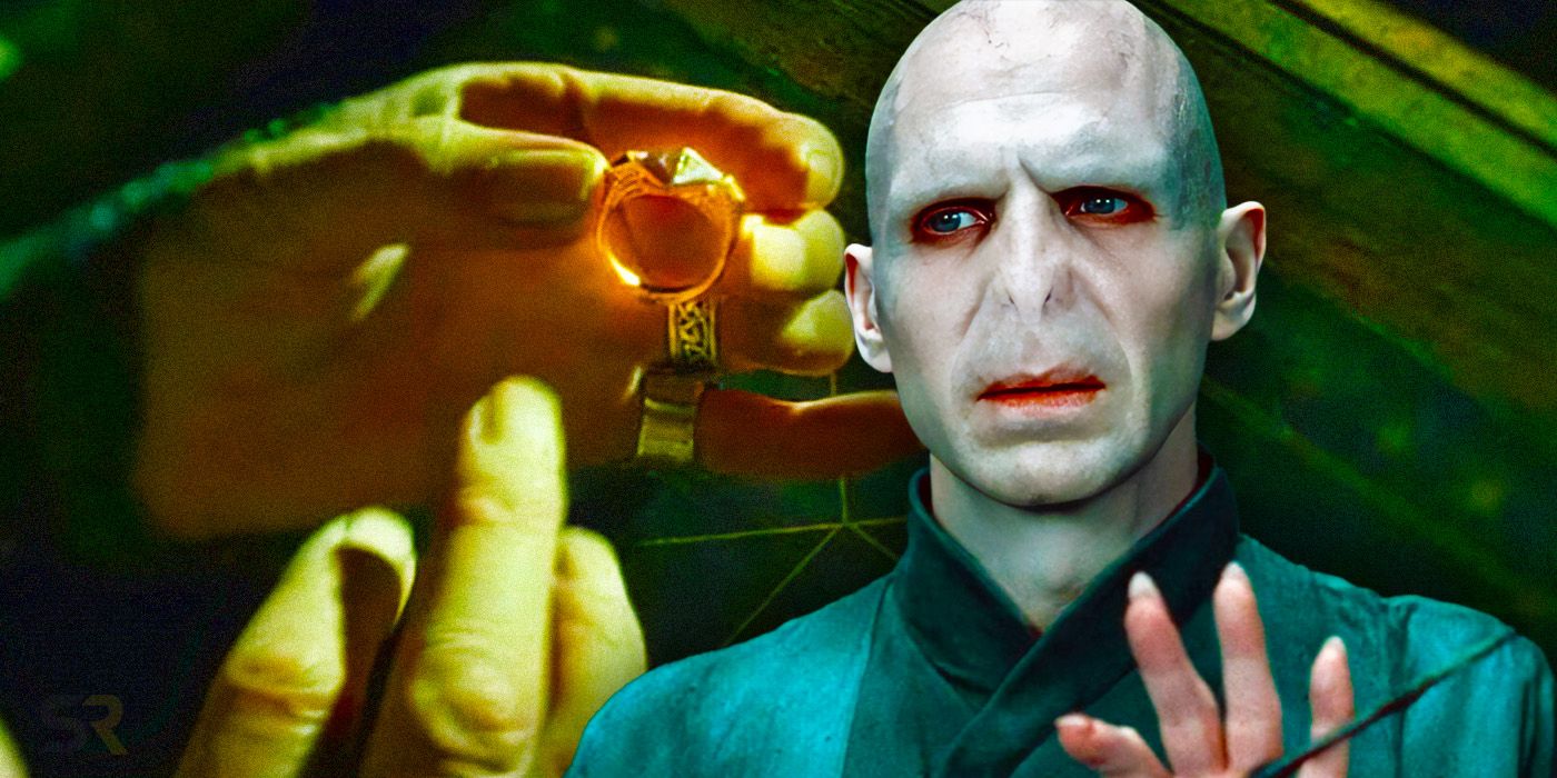 Uma imagem de Dumbledore colocando o anel de Gaunt e Voldemort segurando uma varinha em Harry Potter