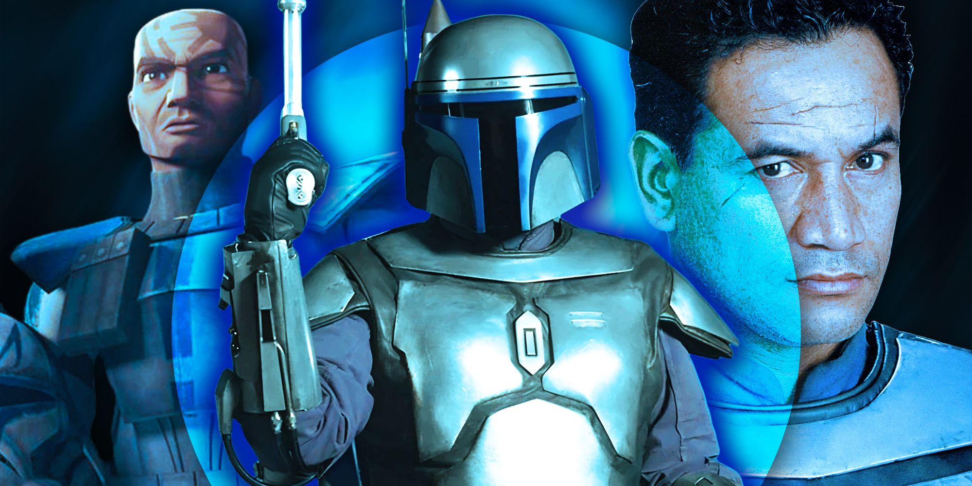 Temuera Morrison's Jango Fett in Attack of the Clones, suited and helmetless, edited with the clone Jesse