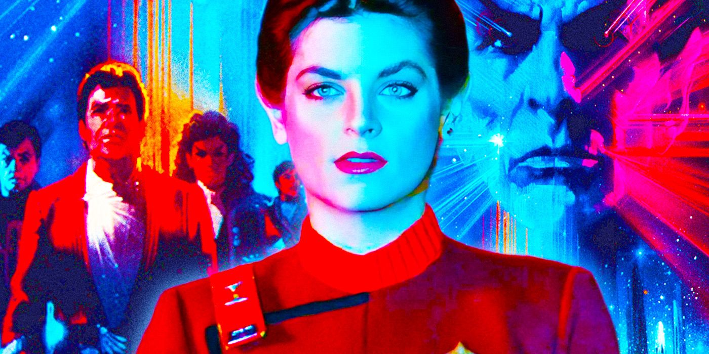 Kirstie Alley looking offscreen as Lt Saavik in front of Star Trek III movie poster