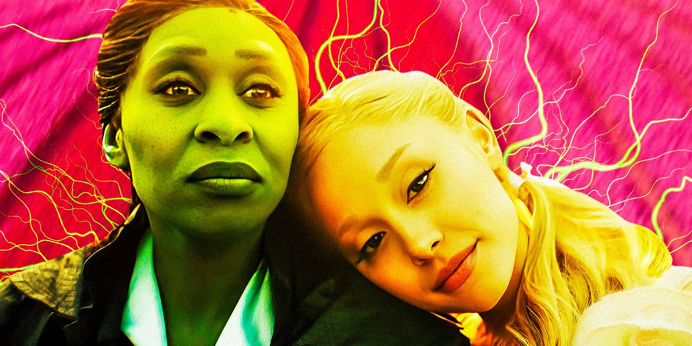 Cynthia Erivo and Ariana Grande as Elphaba and Glinda in the Wicked movie with a pink background