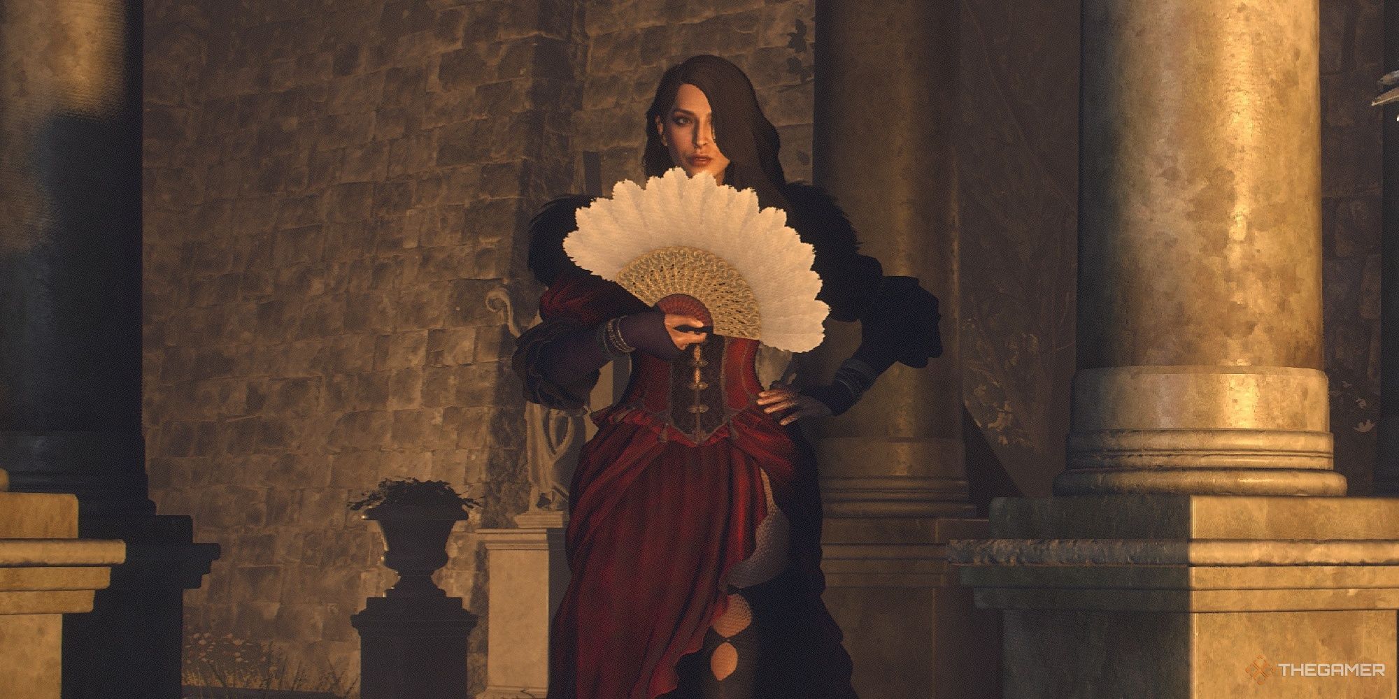 Wilhelmina atrás de um leque de papel em uma captura de tela de Dragon's Dogma 2.
