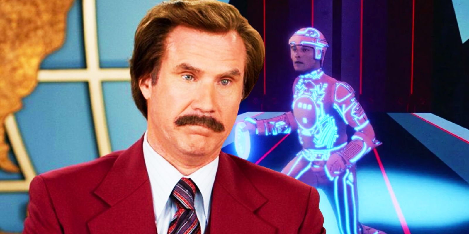 Will Ferrell as Ron Burgundy in Anchorman juxtaposed with characters in light suits in Tron