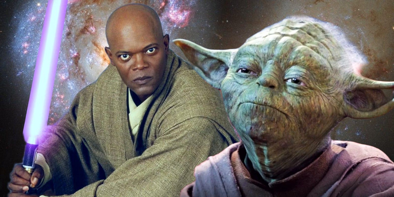 Mace Windu (Samuel L. Jackson) brandindo seu sabre de luz roxo e Yoda dando uma expressão curiosa contra um fundo de poeira espacial de Star Wars