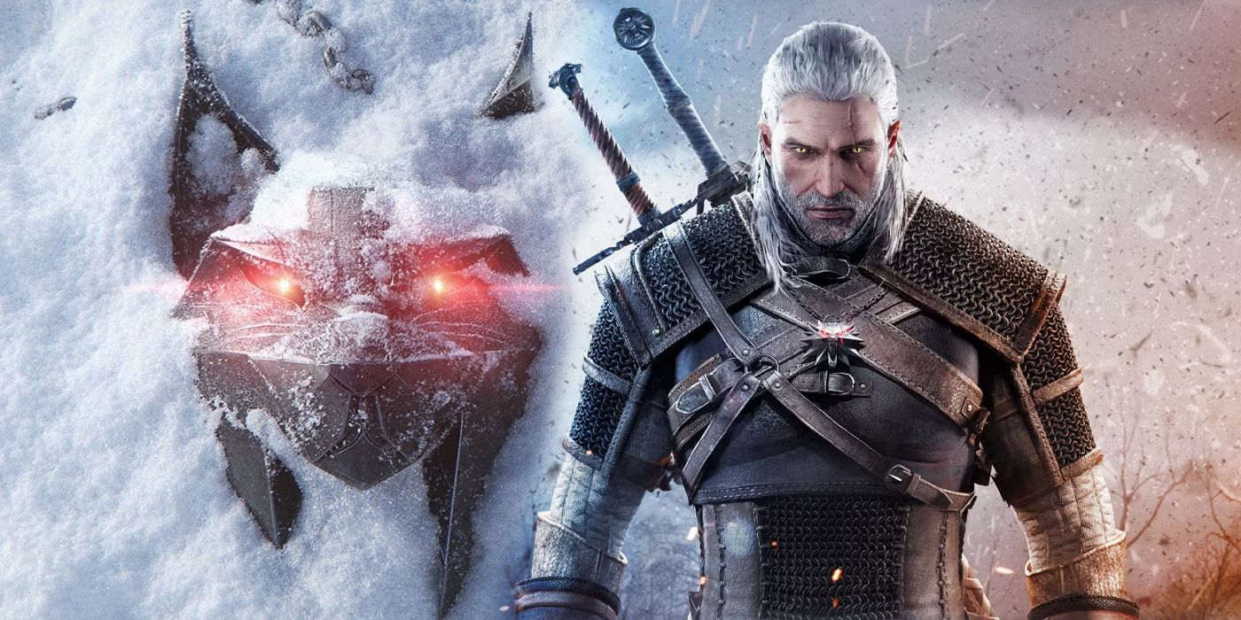 Geralt from the Witcher next to the logo for the upcoming Witcher trilogy.