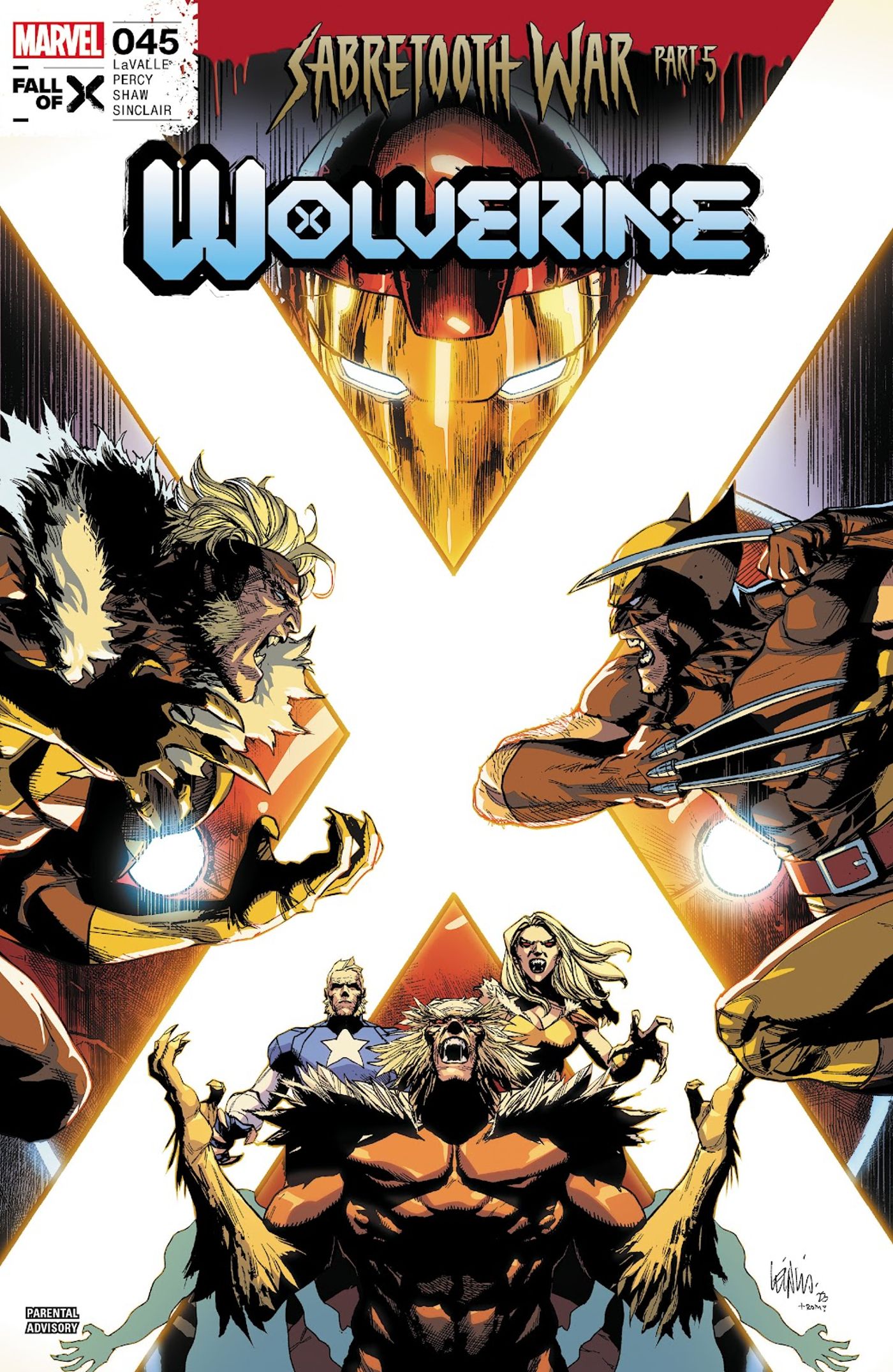 Wolverine #45 cover, Sabretooth & Wolverine lunge at one another; Sabretooth variants in background.