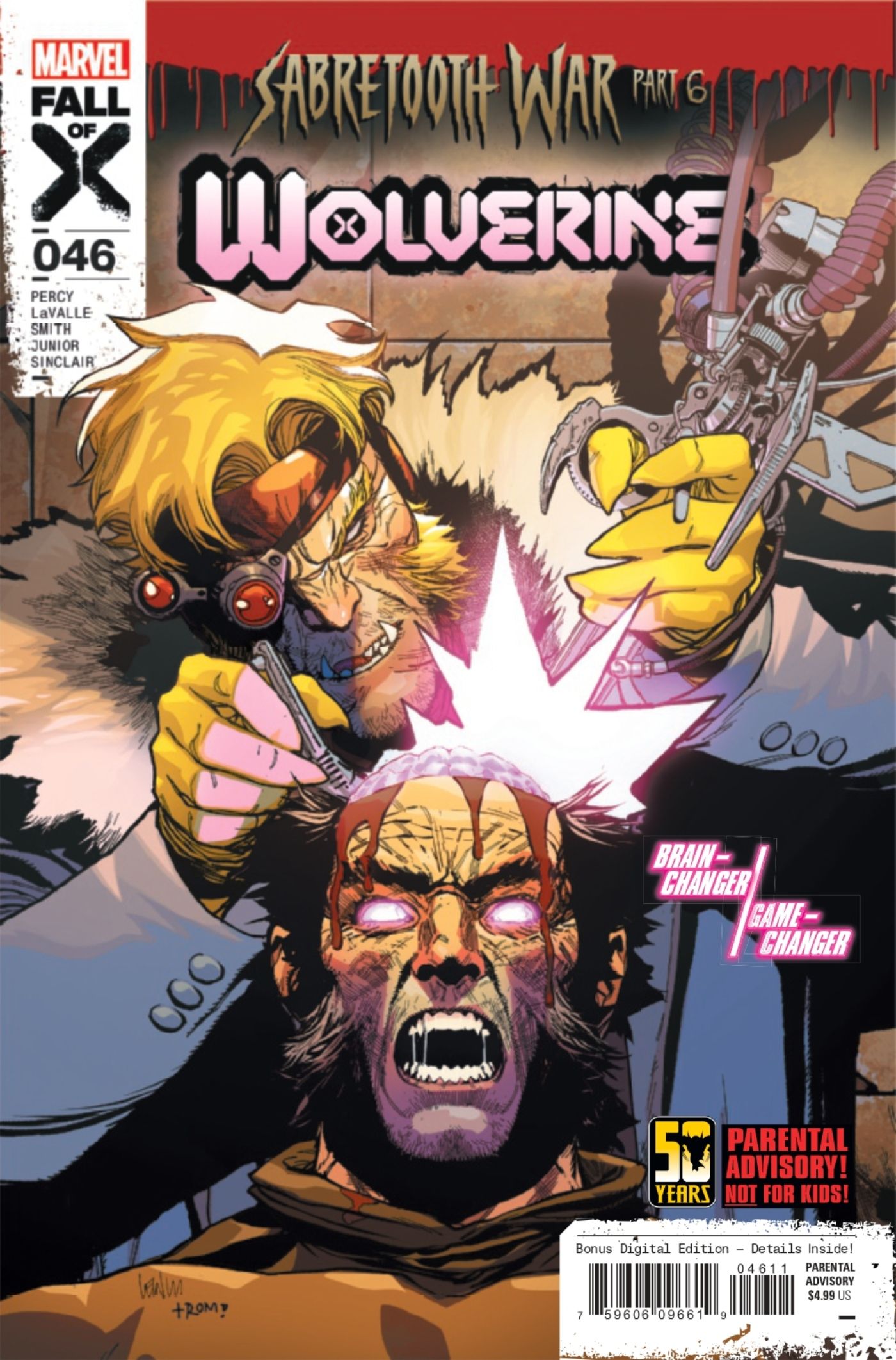 Capa em quadrinhos de Wolverine #46 com Dentes de Sabre operando no cérebro de Wolverine.