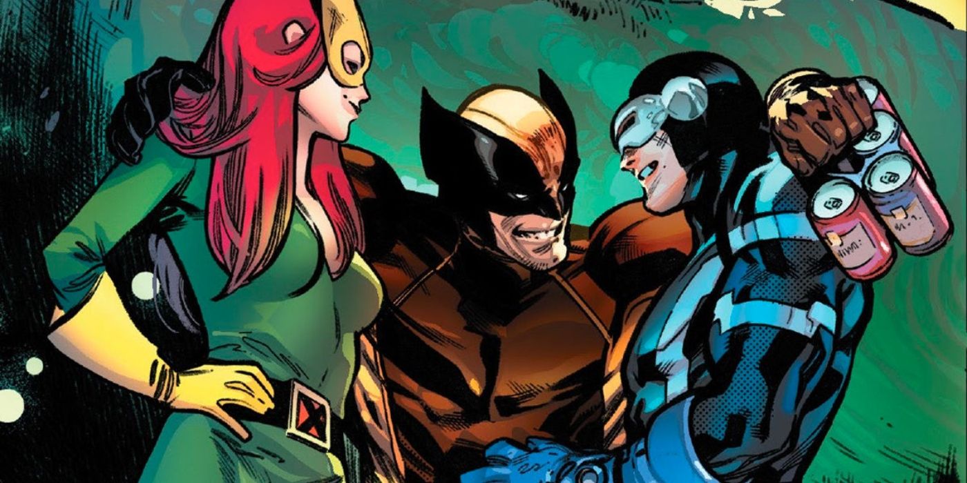 Wolverine com os braços em volta de Ciclope e Jean Grey na Marvel Comics