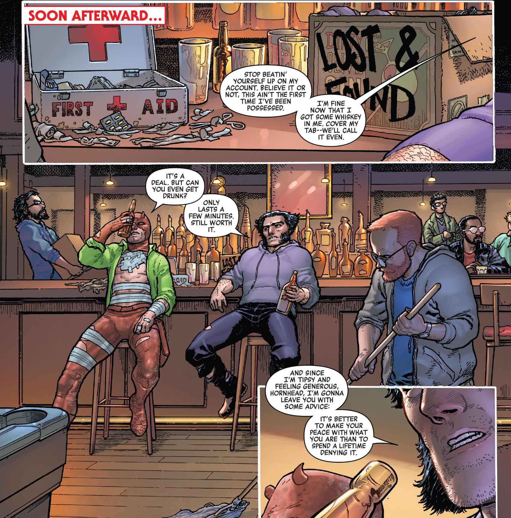 Wolverine e Demolidor compartilham bebidas em um bar após seu duelo sangrento.