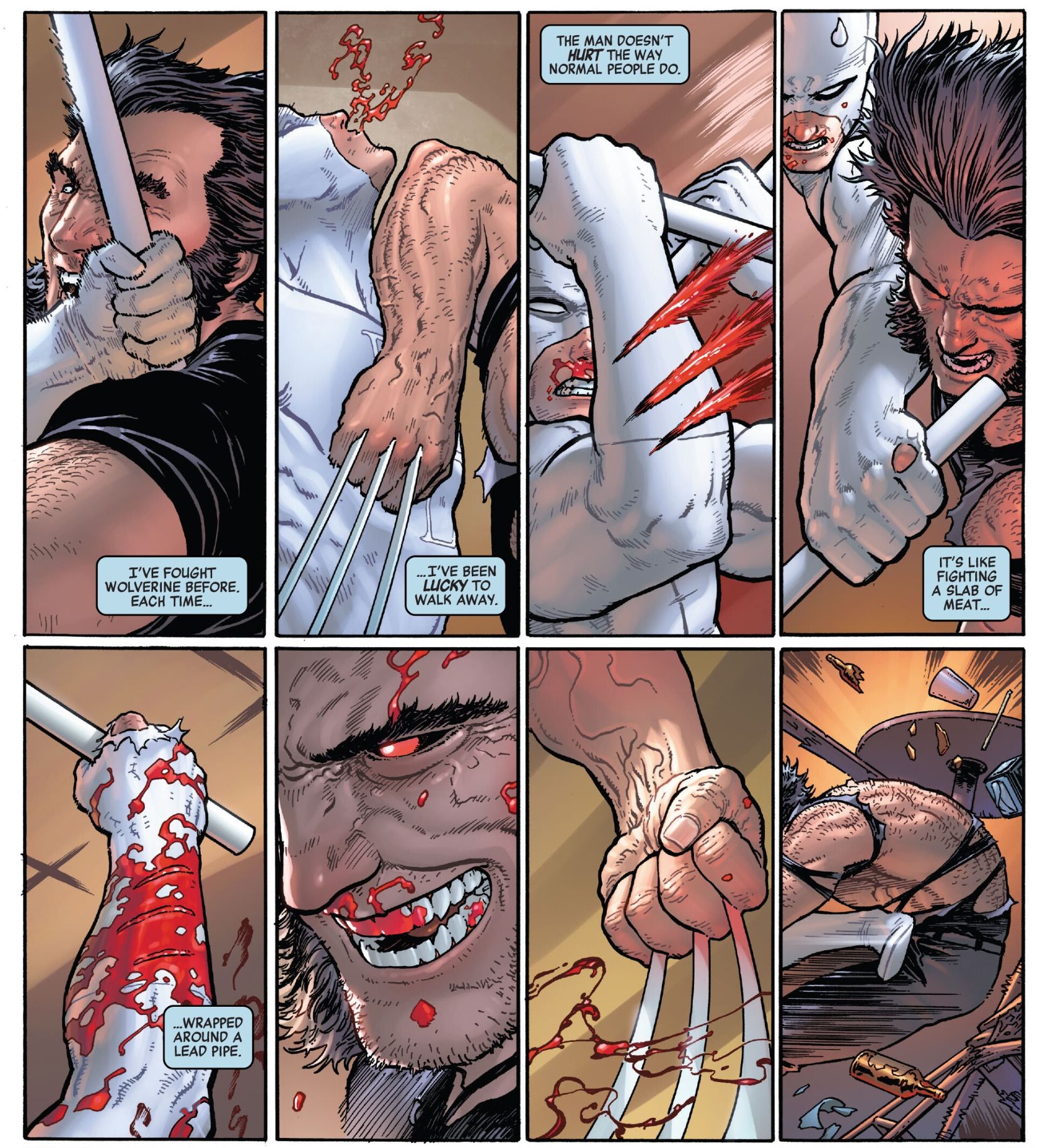 Wolverine e Demolidor trocam golpes em uma briga violenta.