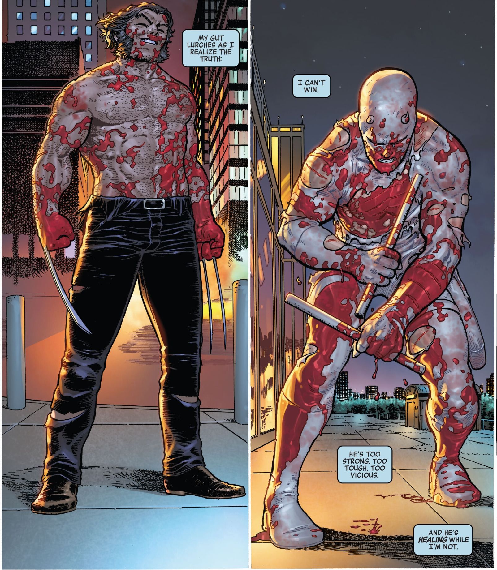 Wolverine stands tall while Daredevil hunches over, exhausted. Both are covered in blood.