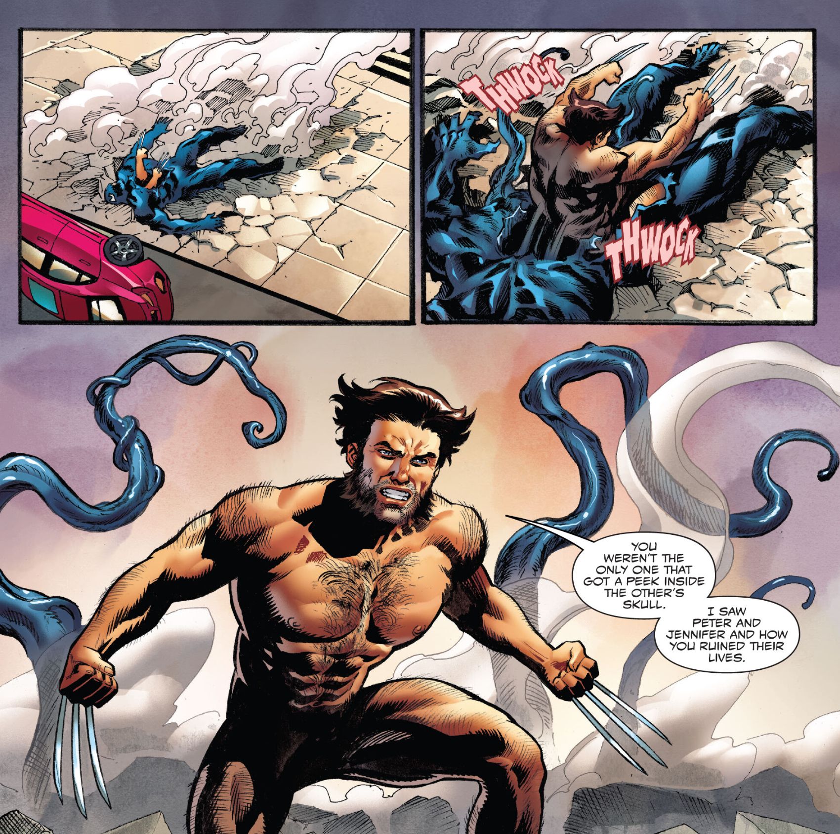 Wolverine rasteja para fora da biomassa de Venom, nu e com as garras estendidas.