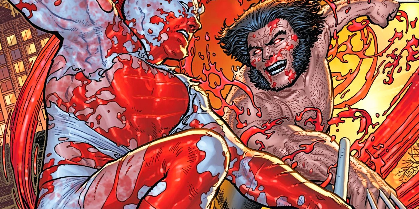 Wolverine slashes Daredevil. The two are covered in blood.
