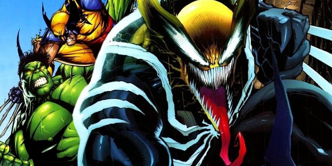 WOLVERINE IN HIS VENOM FORM, IN FRONT OF AN IMAGE OF HULK AND WOLVERINE FIGHTING
