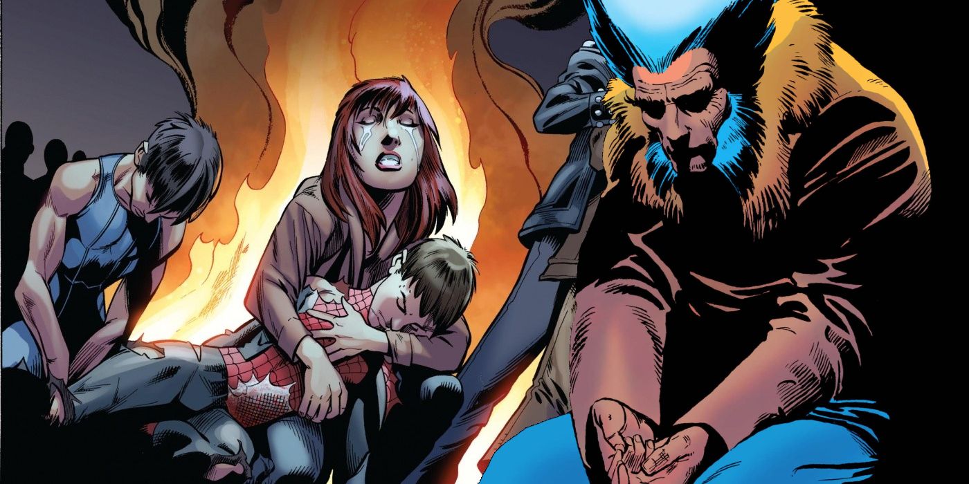 Mary Jane segura o cadáver do Ultimate Spider-Man (esquerda).  Uma imagem de um Wolverine derrotado (à direita)