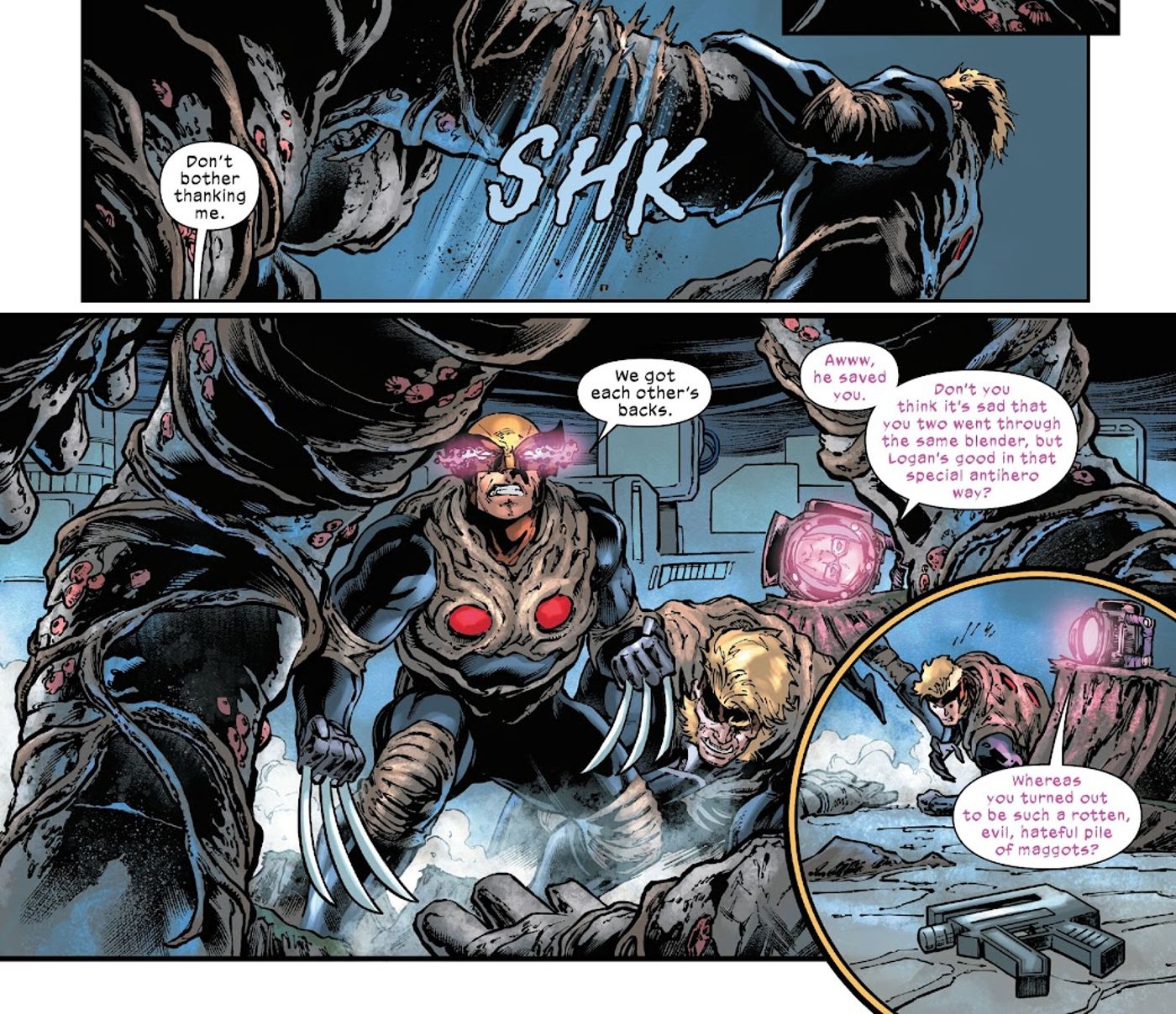 Wolverine salva Dentes de Sabre dos guardas de Forge enquanto Kid Omega provoca Victor Creed. 