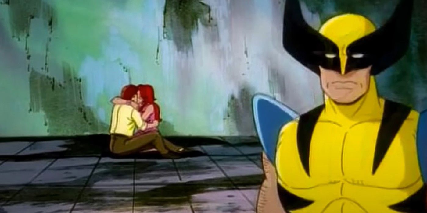 Wolverine se afasta de Scott e Jean se beijando em X-Men, a série animada