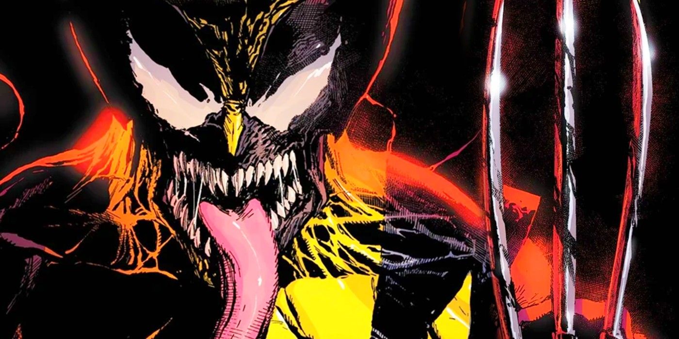Wolverine bonded with the Venom symbiote, popping his claws with Venom's characteristic toothy smile & long tongue.