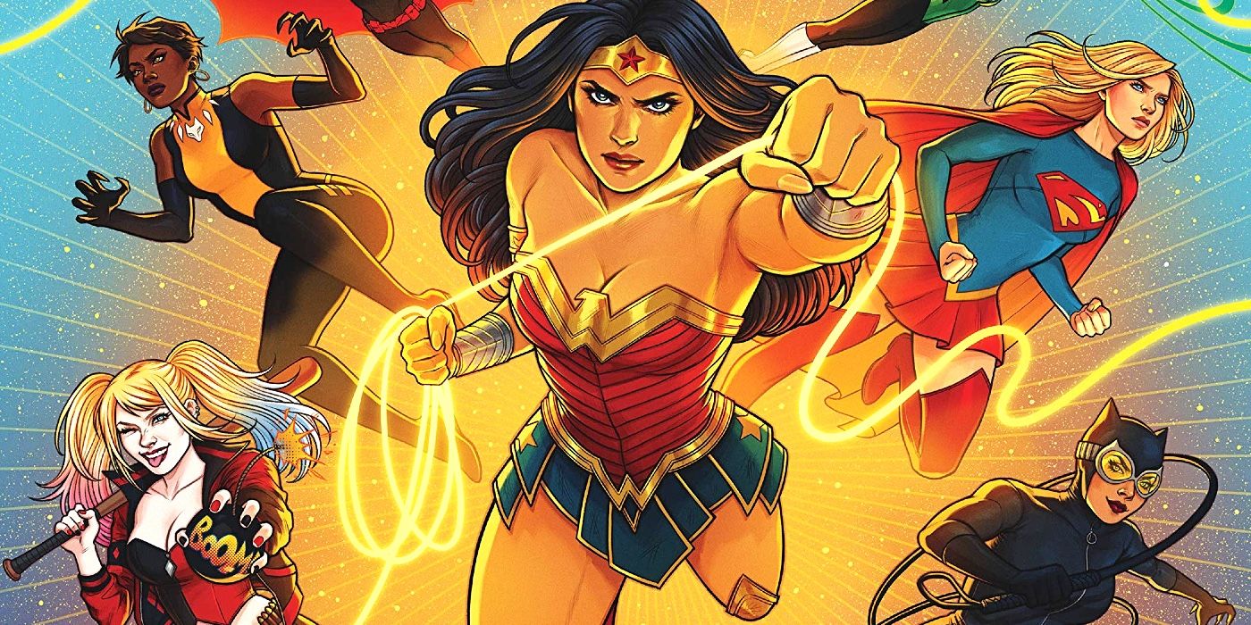 Mulher Maravilha saltando para frente no centro da imagem com outras heroínas da DC ao seu redor