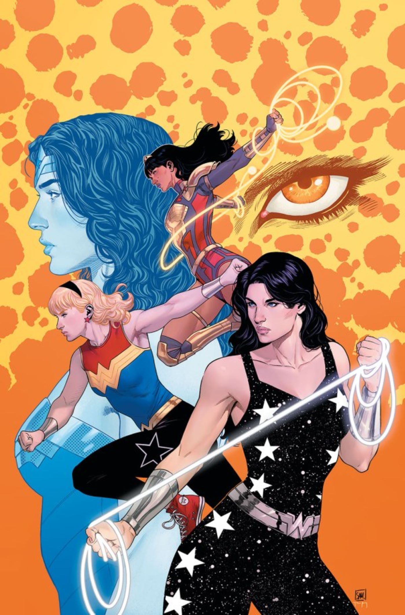 Arte da capa da Mulher Maravilha # 10 com Yara, Donna Troy e Cassie Sandsmark e Cheetah