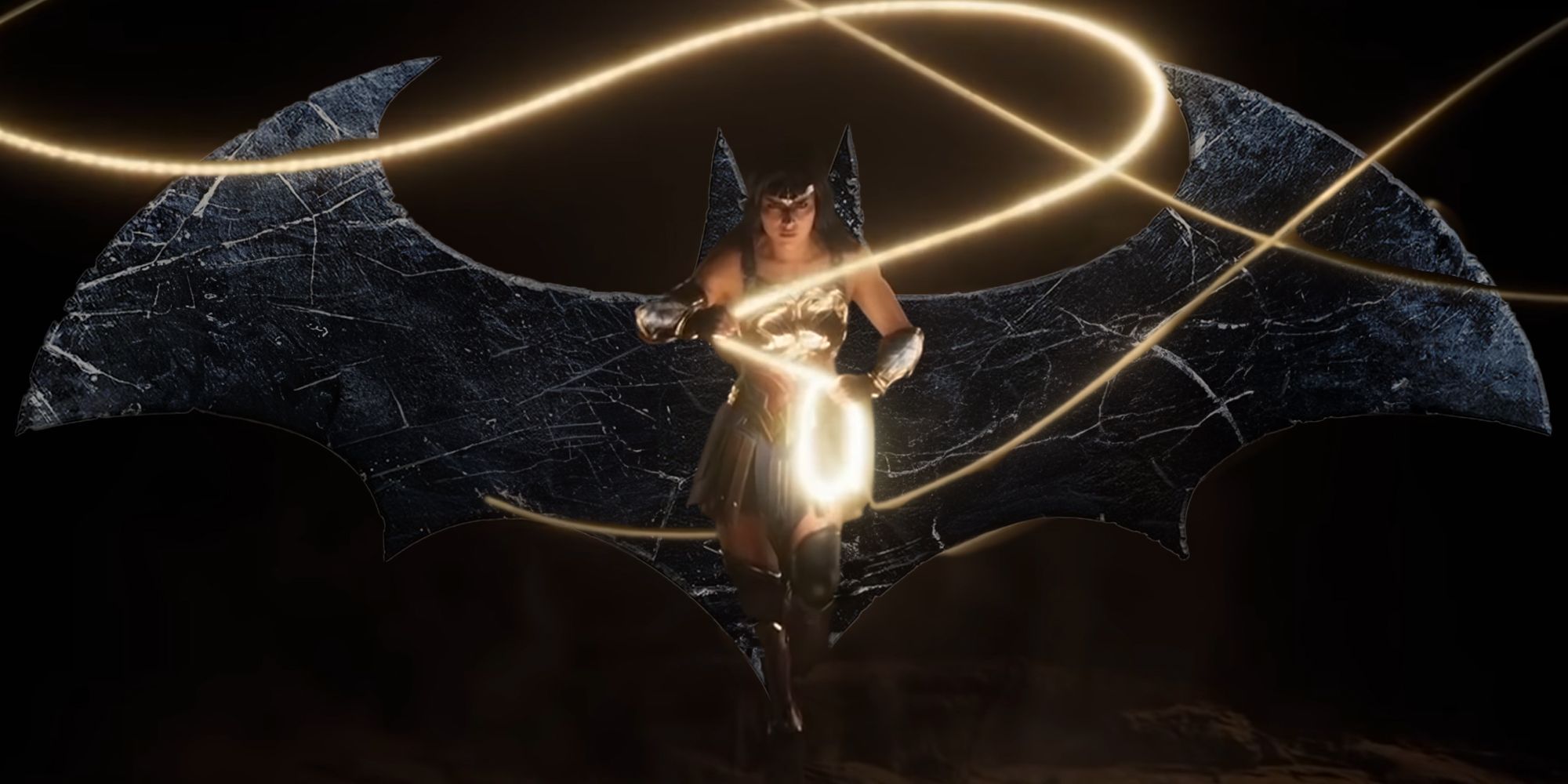 Wonder Woman from Monolith's game with the Arkham Origins bat symbol behind her