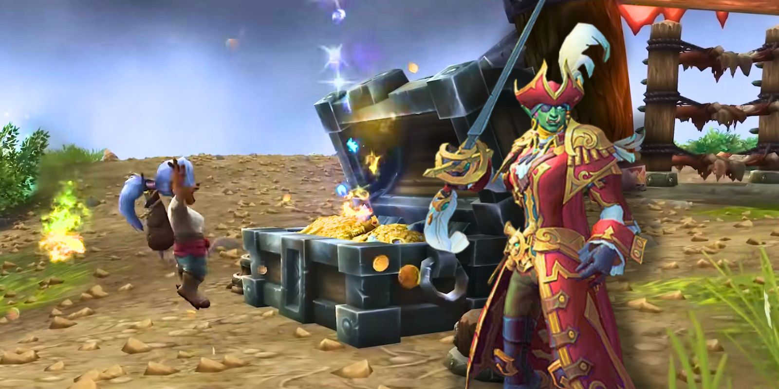 World of Warcraft Plunderstorm Update gnome opening a treasure chest while a pirate orc stands nearby