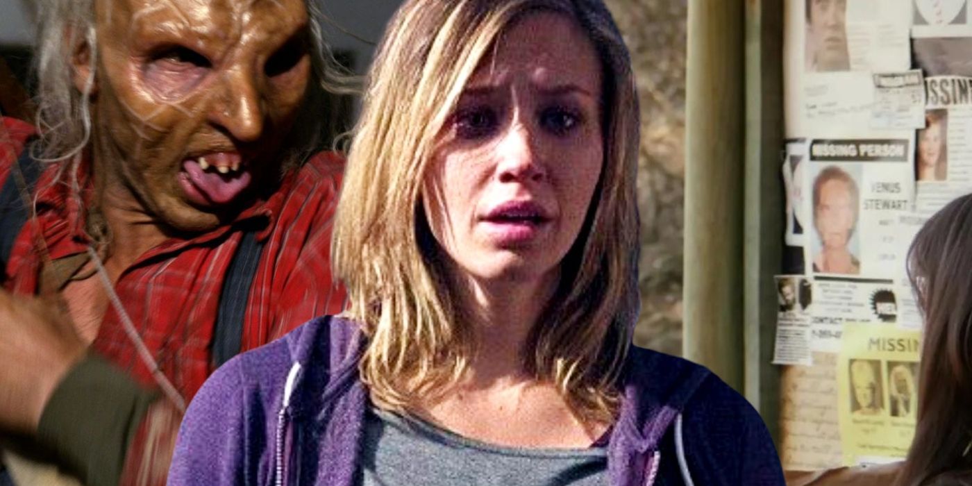 A collage of 3 images from Wrong Turn 6, including a missing persons billboard