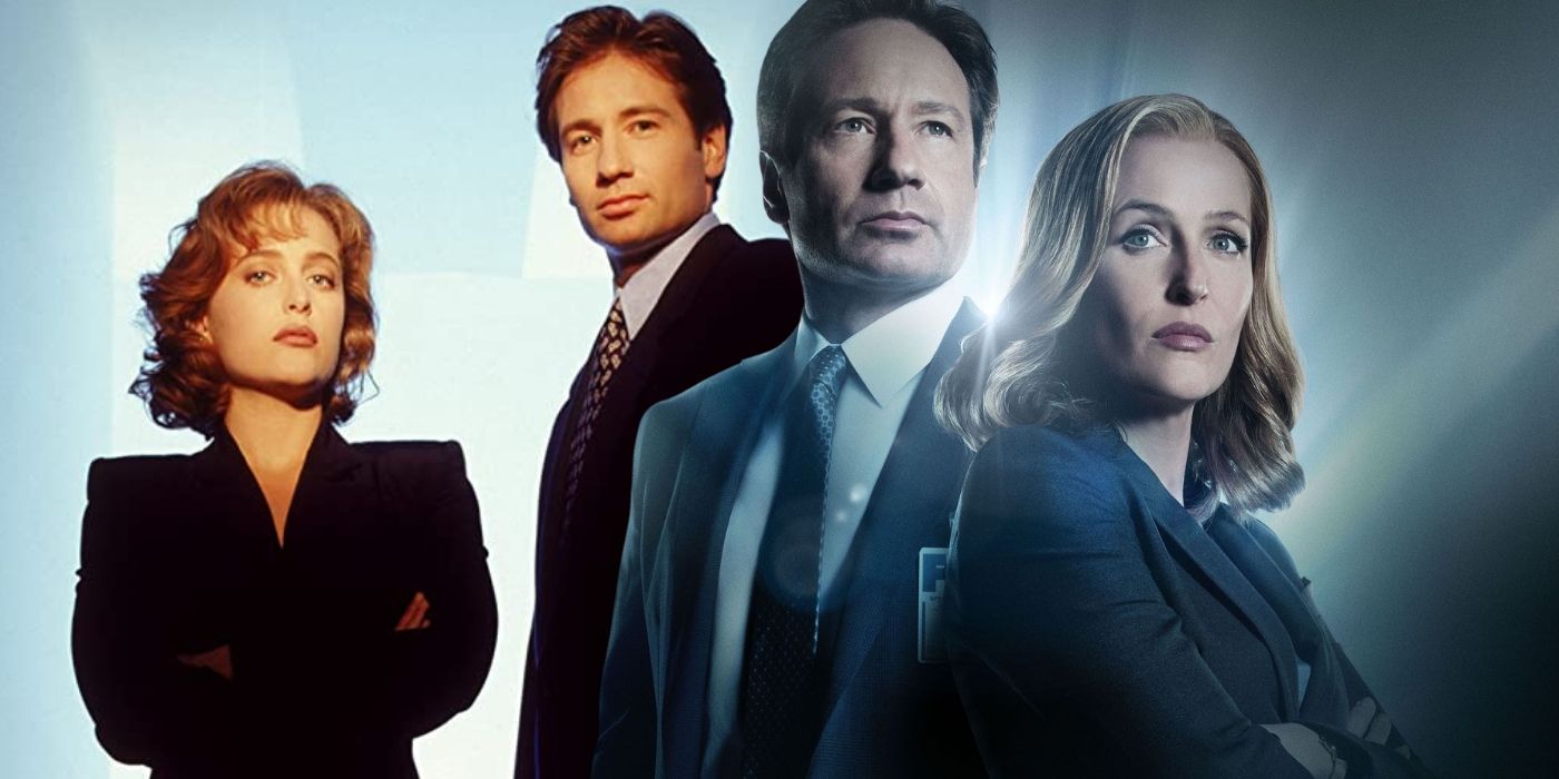 A collage image of Mulder and Scully from the X-Files Pilot next to Mulder and Scully in season 11 - created by Tom Russell