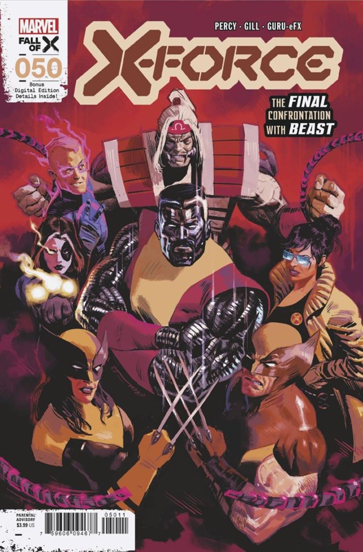 Capa da X-Force #50 (edição final) com Wolverine, Ciclope, Omega Red, Domino e muito mais