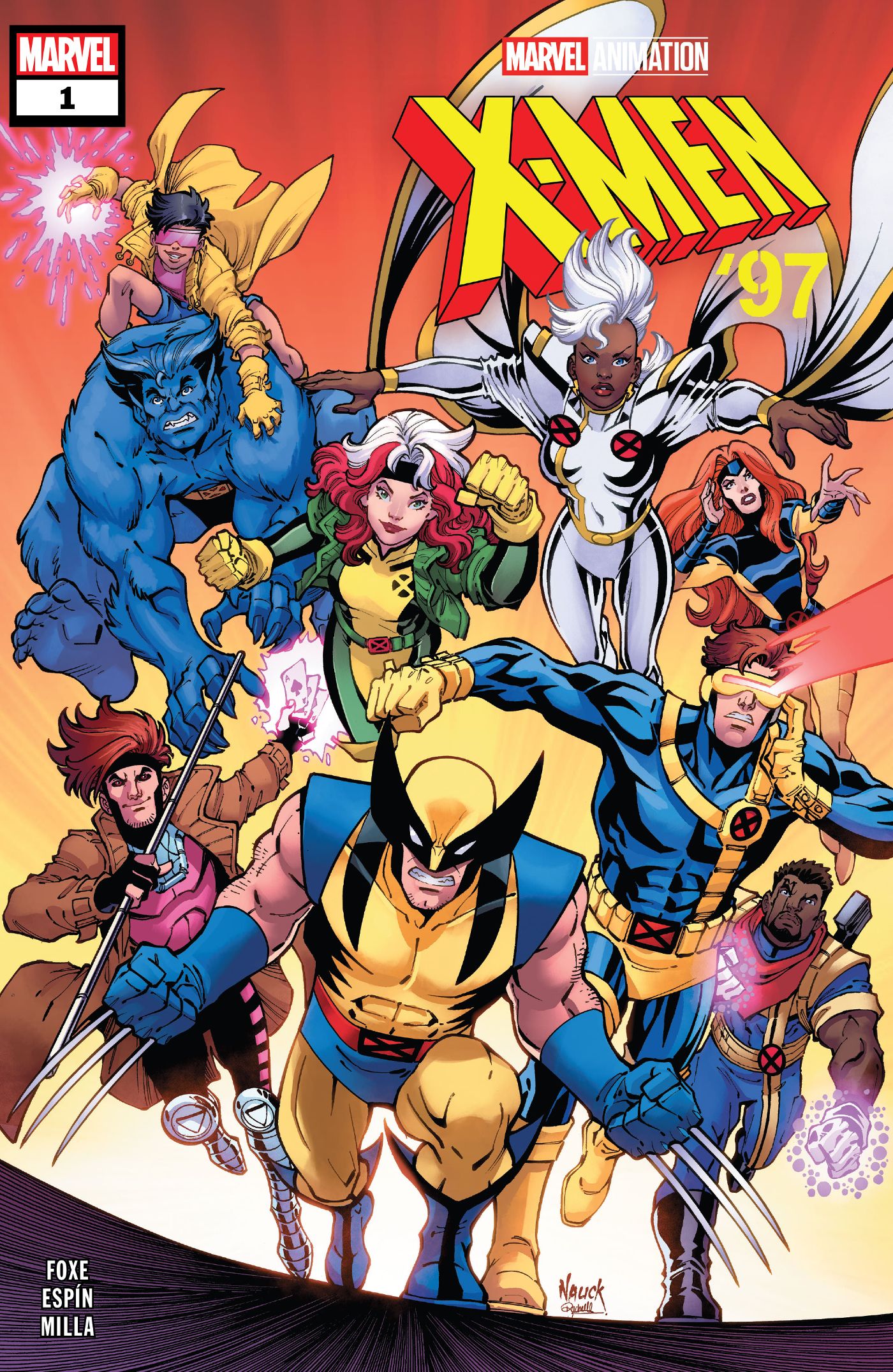 The X-Men team of Wolverine, Cyclops, Gambit, Bishop, Rogue, Storm, Beast, and Jean Grey running. 