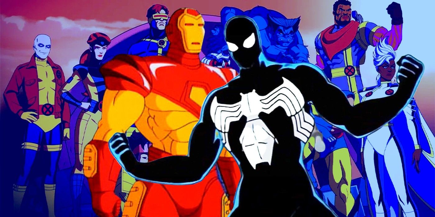 x-men 97 connected to other marvel animated series, custom image with Iron man and Spider-Man in front of X-Men 97 cast