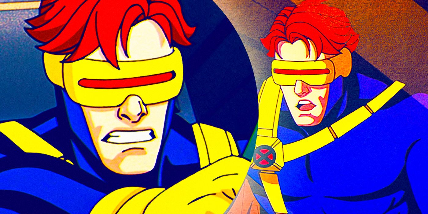 split image of Cyclops from X-Men 97, scowling and talking