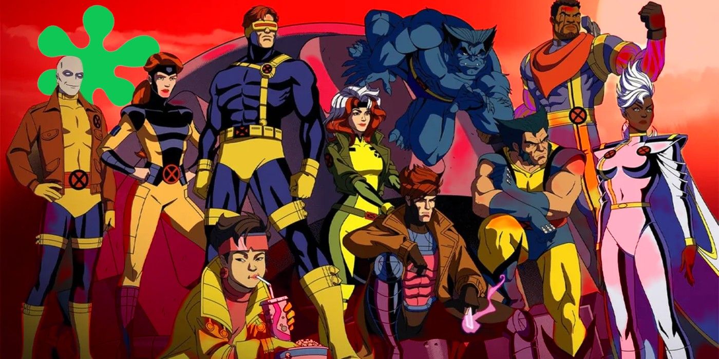 x-men 97's x-men team in promo image tinted red, with rotten tomatoes logo