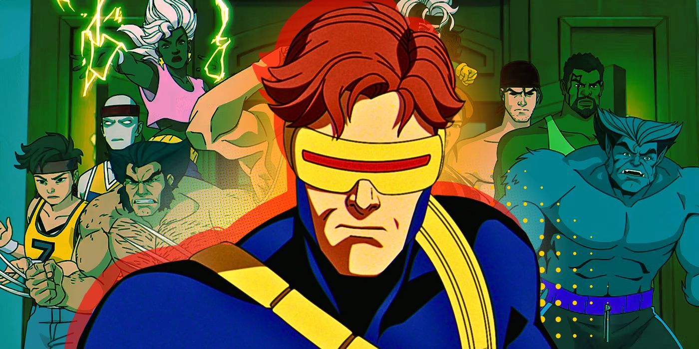 Split image of Cyclops superimposed over the rest of the team in X-Men '97