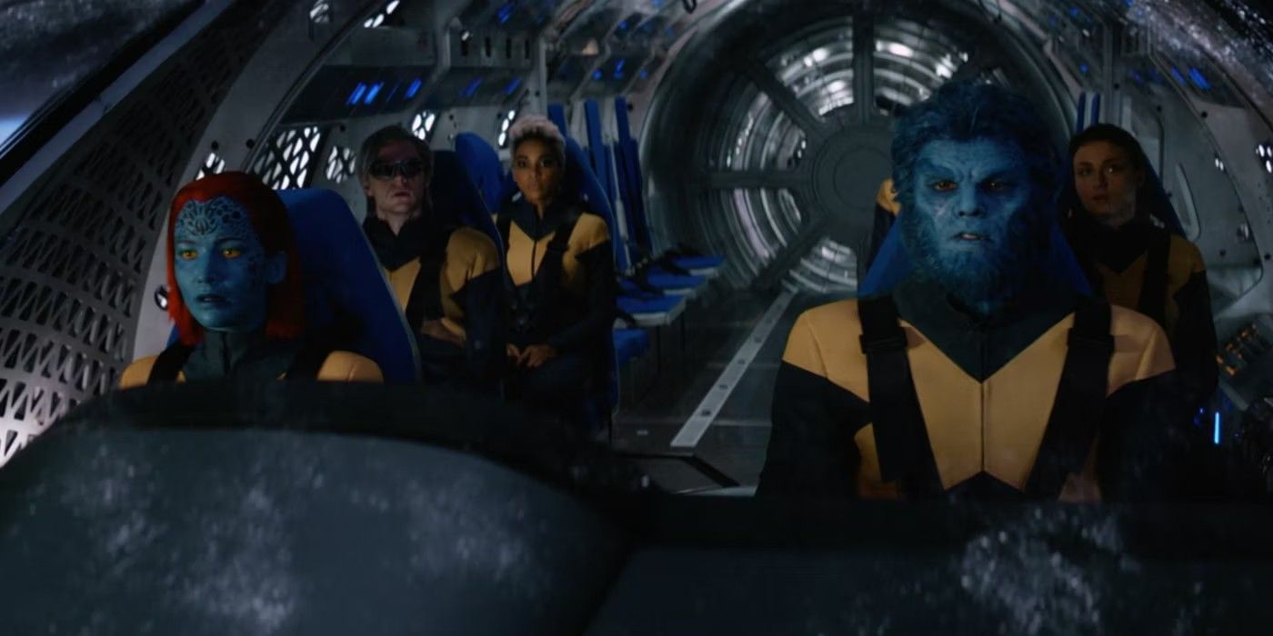 x-men dark phoenix scene with beast, nightcrawler, mystique, jean grey, Storm, and cyclops in a spaceship