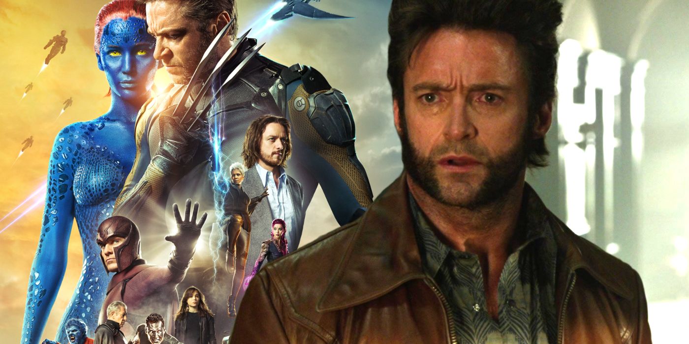 Split image of the poster for X-Men: Days of Future Past and Hugh Jackman as Wolverine looking upset
